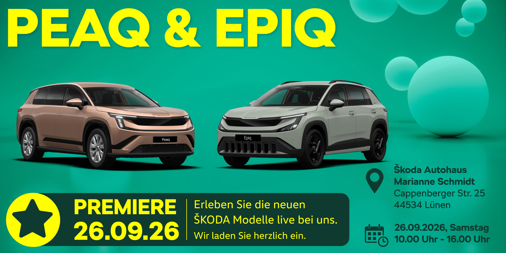 Werbegrafik zur Premiere des Škoda Peaq und Škoda Epiq am 26.09.2026. Beide Fahrzeuge stehen vor einem grünen Hintergrund; rechts sind Veranstaltungsort, Datum und Uhrzeit angegeben.