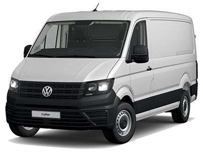 Silberner Volkswagen Crafter Kastenwagen in Seiten- und Frontansicht, weißer Hintergrund